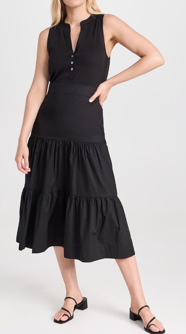 Veronica Beard Dress Women’s Medium Poplin Sleeveless Tiered Midi Black Stafford